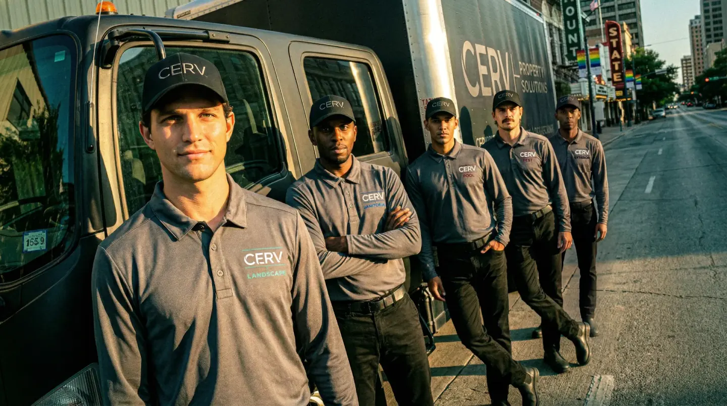 Cerv Landscape crew member and teammates in uniform beside a Cerv Property Solutions truck